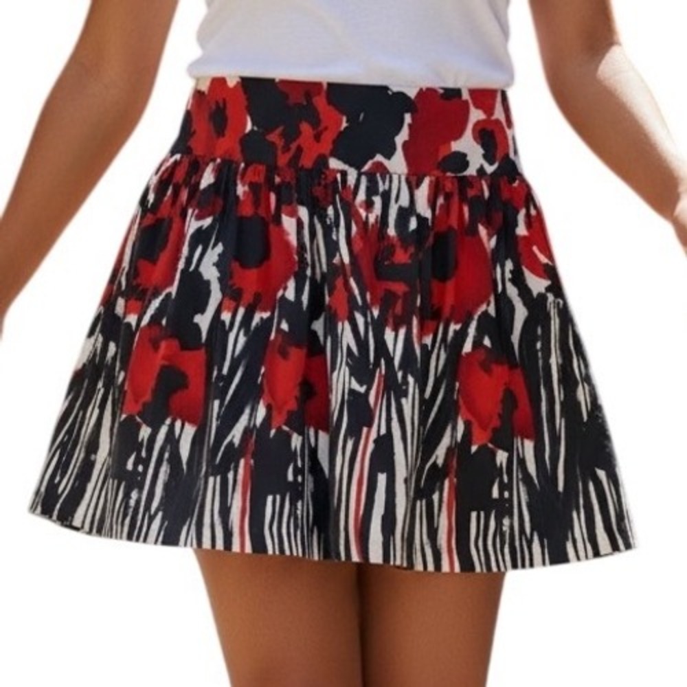 KENSIE Silk Red Black White Abstract Floral Drop Waist Mini Skirt Size 14‎